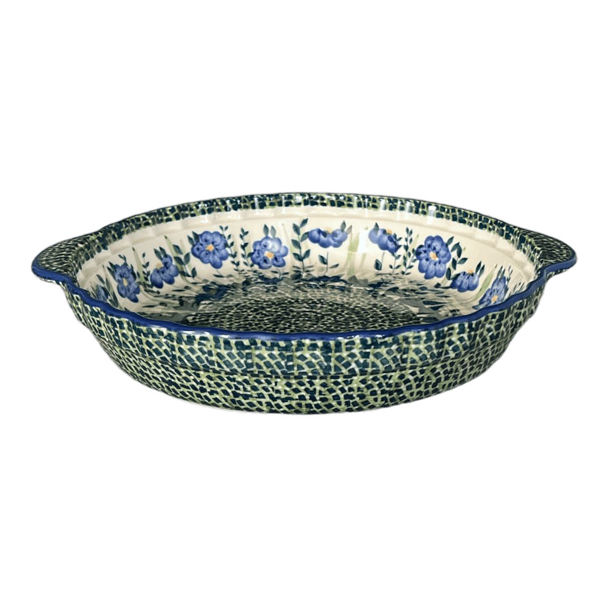 Baker, Round, Pie Plate, Handles, 9.75" in "Bouncing Blue Blossoms" by Manufaktura | Z148U-IM03