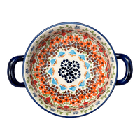 A picture of a Polish Pottery Small Round Casserole (Stellar Celebration) | Z153S-P309 as shown at PolishPotteryOutlet.com/products/small-round-casserole-w-handles-stellar-celebration-z153s-p309