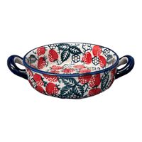 A picture of a Polish Pottery Small Round Casserole (Strawberry Fields) | Z153U-AS59 as shown at PolishPotteryOutlet.com/products/small-round-casserole-w-handles-strawberry-fields-z153u-as59