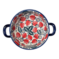 A picture of a Polish Pottery Small Round Casserole (Strawberry Fields) | Z153U-AS59 as shown at PolishPotteryOutlet.com/products/small-round-casserole-w-handles-strawberry-fields-z153u-as59