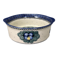 A picture of a Polish Pottery 10" Deep Round Baker (Pansies) | Z155S-JZB as shown at PolishPotteryOutlet.com/products/round-baker-pansies-z155s-jzb