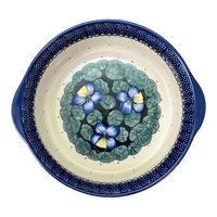 A picture of a Polish Pottery 10" Deep Round Baker (Pansies) | Z155S-JZB as shown at PolishPotteryOutlet.com/products/round-baker-pansies-z155s-jzb