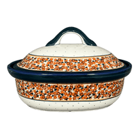 A picture of a Polish Pottery Baker, Covered, 12.5" x 10" Large in "Orange Wreath" by Zaklady | Y1158-DU52 as shown at PolishPotteryOutlet.com/products/12-5-x-10-large-covered-baker-orange-wreath-y1158-du52