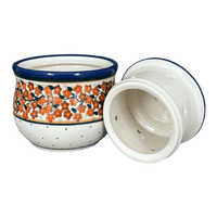 A picture of a Polish Pottery Butter Crock, 4.5" x 3.5" in "Orange Wreath" by Zaklady | Y1512-DU52 as shown at PolishPotteryOutlet.com/products/butter-crock-orange-wreath-y1512-du52