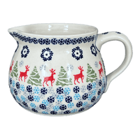 A picture of a Polish Pottery 1.5 Liter Pitcher (Reindeer Games) | D043T-BL07 as shown at PolishPotteryOutlet.com/products/1-5-l-wide-mouth-pitcher-reindeer-games-d043t-bl07