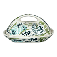 A picture of a Polish Pottery Butter Dish, Fancy, 5" x 7" in "Scattered Ferns" by Manufaktura | M077S-GZ39 as shown at PolishPotteryOutlet.com/products/7-x-5-fancy-butter-dish-scattered-ferns-m077s-gz39