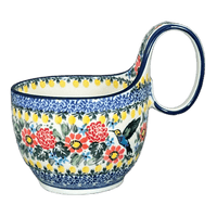 A picture of a Polish Pottery Bowl, Round, Loop Handle, 16 oz in "Hummingbird Bouquet" by Ceramika Artystyczna | A845-U3357 as shown at PolishPotteryOutlet.com/products/16-oz-loop-handle-bowl-hummingbird-bouquet-a845-u3357