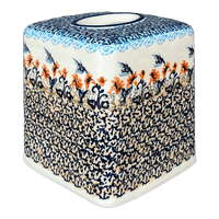 A picture of a Polish Pottery Tissue Box Cover, 6" x 6" in "Hummingbird Harvest" by Manufaktura | O003S-JZ35 as shown at PolishPotteryOutlet.com/products/tissue-box-cover-hummingbird-harvest-o003s-jz35