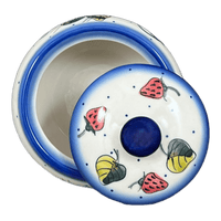 A picture of a Polish Pottery Container, Round, Covered, 5" x 4", WR (WR31I) in "Strawberries & Blossoms" by W.R. Ceramika | WR31I-WR2 as shown at PolishPotteryOutlet.com/products/round-covered-container-strawberries-blossoms-wr31i-wr2