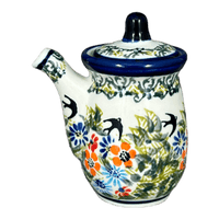 A picture of a Polish Pottery Zaklady Soy Sauce Pitcher (Floral Swallows) | Y1947-DU182 as shown at PolishPotteryOutlet.com/products/soy-sauce-pitcher-floral-swallows-y1947-du182
