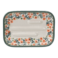 A picture of a Polish Pottery Soap Dish, 5" x 3.5" in "Peach Blossoms - Solid Rim" by Manufaktura | M191S-AS46A as shown at PolishPotteryOutlet.com/products/soap-dish-peach-blossoms-solid-rim-m191s-as46a