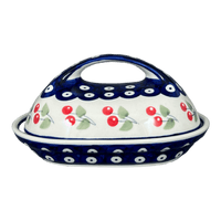 A picture of a Polish Pottery Fancy Butter Dish (Cherry Dot) | M077T-70WI as shown at PolishPotteryOutlet.com/products/7-x-5-fancy-butter-dish-cherry-dot-m077t-70wi