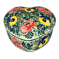 A picture of a Polish Pottery Heart Box, 4.5" in "Tropical Love" by Ceramika Artystyczna | A143-U4705 as shown at PolishPotteryOutlet.com/products/c-a-heart-box-tropical-love-a143-u4705