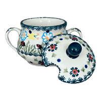 A picture of a Polish Pottery 3.5" Traditional Sugar Bowl (Lady Bugs) | C015T-IF45 as shown at PolishPotteryOutlet.com/products/3-5-the-traditional-sugar-bowl-lady-bugs-c015t-if45