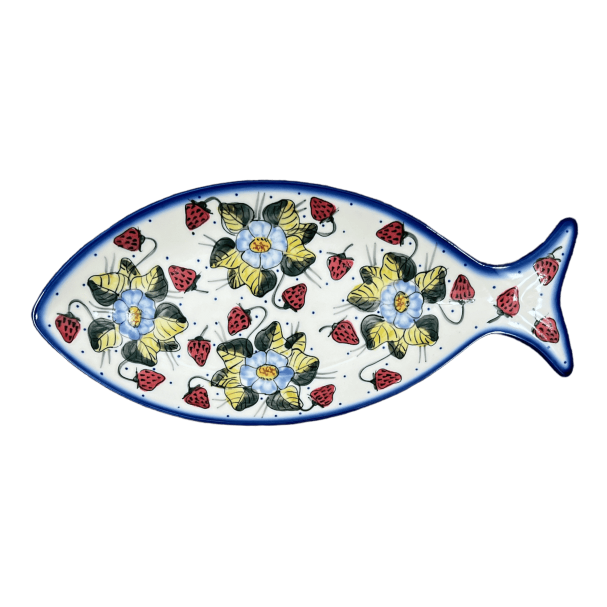 Plate, Fish-Shaped, 14.5" x 6.5", WR (WR13O) in "Strawberries & Blossoms" by W.R. Ceramika | WR13O-WR2