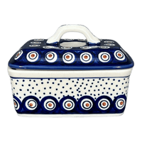 A picture of a Polish Pottery Butter Box (Peacock Dot) | M078U-54K as shown at PolishPotteryOutlet.com/products/5-75-x-4-25-butter-box-peacock-dot-m078u-54k