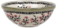 A picture of a Polish Pottery Bowl, Round, 6.75" in "Cherry Blossoms - Solid Rim" by Manufaktura | M090S-DPGJA as shown at PolishPotteryOutlet.com/products/6-75-bowl-cherry-blossoms-solid-rim-m090s-dpgja