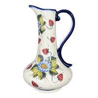 A picture of a Polish Pottery Pitcher, Lotos, 0.8 Liter, WR (WR7E) in "Strawberries & Blossoms" by W.R. Ceramika | WR7E-WR2 as shown at PolishPotteryOutlet.com/products/0-8-liter-lotos-pitcher-strawberries-blossoms-wr7e-wr2