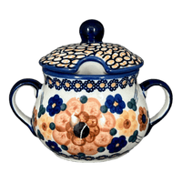 A picture of a Polish Pottery 3.5" Traditional Sugar Bowl (Bouquet in a Basket) | C015S-JZK as shown at PolishPotteryOutlet.com/products/3-5-the-traditional-sugar-bowl-bouquet-in-a-basket-c015s-jzk