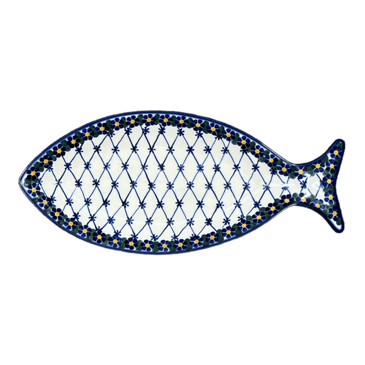 Plate, Fish-Shaped, 14.5" x 6.5", WR (WR13O) in "Blue Floral Trellis" by W.R. Ceramika | WR13O-DT3