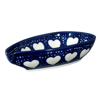 A picture of a Polish Pottery Spoon Rest, Small, 3.5" in "Sea of Hearts" by Manufaktura | P093T-SEA as shown at PolishPotteryOutlet.com/products/spoon-rest-sea-of-hearts-p093t-sea