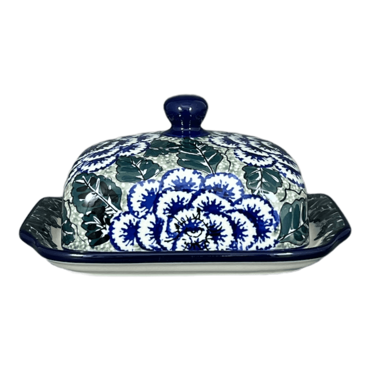 Butter Dish, 7" x 5.5" in "Blue Dahlia" by Ceramika Artystyczna | A295-U1473