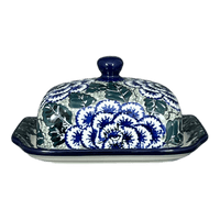 A picture of a Polish Pottery CA Butter Dish (Blue Dahlia) | A295-U1473 as shown at PolishPotteryOutlet.com/products/c-a-butter-dish-blue-dahlia-a295-u1473