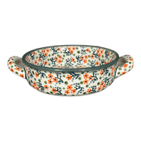 A picture of a Polish Pottery Casserole, Round, Small, 5" x 7.5" in "Peach Blossoms - Solid Rim" by Manufaktura | Z153S-AS46A as shown at PolishPotteryOutlet.com/products/small-round-casserole-peach-blossoms-solid-rim-z153s-as46a