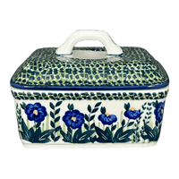 A picture of a Polish Pottery Butter Box (Bouncing Blue Blossoms) | M078U-IM03 as shown at PolishPotteryOutlet.com/products/butter-box-bouncing-blue-blossoms-m078u-im03