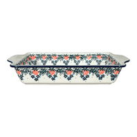 A picture of a Polish Pottery Casserole, Rectangular, Handles, 13" x 8" in "Strawberry Patch" by Ceramika Artystyczna | AA59-721X as shown at PolishPotteryOutlet.com/products/13-x-8-rectangular-casserole-w-handles-strawberry-patch-aa59-721x