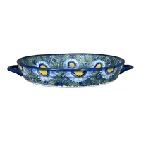 A picture of a Polish Pottery Casserole, Round Dish Handles, 11", WR (WR52C) in "Impressionist's Dream" by W.R. Ceramika | WR52C-AB3 as shown at PolishPotteryOutlet.com/products/11-round-casserole-dish-with-handles-impressionists-dream-wr52c-ab3