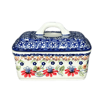 A picture of a Polish Pottery Butter Box (Mediterranean Blossoms) | M078S-P274 as shown at PolishPotteryOutlet.com/products/butter-box-mediterranean-blossoms-m078s-p274