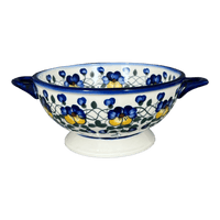 A picture of a Polish Pottery Bowl, Round, Colander/Berry, 7.75", WR (WR62A) in "Pansy Wreath" by W.R. Ceramika | WR62A-EZ2 as shown at PolishPotteryOutlet.com/products/7-75-colander-berry-bowl-pansy-wreath-wr62a-ez2