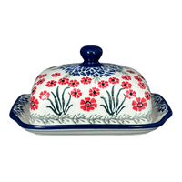 A picture of a Polish Pottery Butter Dish, 7" x 5.5" in "Red Aster" by Ceramika Artystyczna | A295-1435X as shown at PolishPotteryOutlet.com/products/c-a-butter-dish-red-aster-a295-1435x