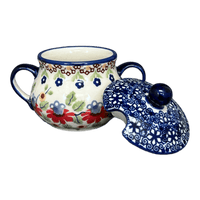 A picture of a Polish Pottery 3.5" Traditional Sugar Bowl (Mediterranean Blossoms) | C015S-P274 as shown at PolishPotteryOutlet.com/products/3-5-the-traditional-sugar-bowl-mediterranean-blossoms-c015s-p274