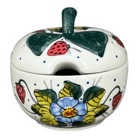 A picture of a Polish Pottery Bowl, Apple-Shaped, Sugar Bowl, 4.5". WR, WR (WR9C) in "Strawberries & Blossoms" by W.R. Ceramika | WR9C-WR2 as shown at PolishPotteryOutlet.com/products/wr-apple-sugar-bowl-strawberries-blossoms-wr9c-wr2