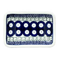 A picture of a Polish Pottery Zaklady 3.75" x 2.75" Tiny Rectangular Sauce Dish (Grecian Dot) | Y2024-D923 as shown at PolishPotteryOutlet.com/products/3-75-x-2-75-tiny-rectangular-sauce-dish-grecian-dot-y2024-d923