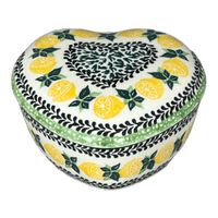 A picture of a Polish Pottery Heart Box, 4.5" in "Lemons and Leaves" by Ceramika Artystyczna | A143-2749X as shown at PolishPotteryOutlet.com/products/c-a-heart-box-lemons-and-leaves-a143-2749x