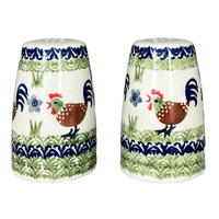 A picture of a Polish Pottery 3.75" Salt and Pepper (Chicken Dance) | S086U-P320 as shown at PolishPotteryOutlet.com/products/3-75-salt-and-pepper-chicken-dance-s086u-p320