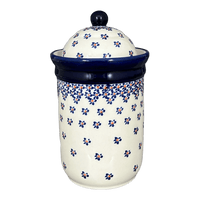 A picture of a Polish Pottery Zaklady 1 Liter Container (Falling Blue Daisies) | Y1243-A882A as shown at PolishPotteryOutlet.com/products/1-liter-container-falling-blue-daisies-y1243-a882a