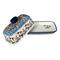 A picture of a Polish Pottery American Butter Dish (Hummingbird Harvest) | M074S-JZ35 as shown at PolishPotteryOutlet.com/products/7-5-x-4-american-butter-dish-hummingbird-harvest-m074s-jz35