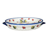 A picture of a Polish Pottery Casserole, Round Dish Handles, 11", WR (WR52C) in "Strawberries & Blossoms" by W.R. Ceramika | WR52C-WR2 as shown at PolishPotteryOutlet.com/products/11-round-casserole-dish-with-handles-strawberries-blossoms-wr52c-wr2