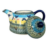 A picture of a Polish Pottery 0.9 Liter Teapot (Butterflies in Flight) | C005S-WKM as shown at PolishPotteryOutlet.com/products/0-9-liter-teapot-butterflies-in-flight-c005s-wkm