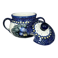 A picture of a Polish Pottery 3.5" Traditional Sugar Bowl (Pansies) | C015S-JZB as shown at PolishPotteryOutlet.com/products/the-traditional-sugar-bowl-pansies-c015s-jzb