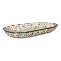 A picture of a Polish Pottery 7"x11" Oval Roaster (Peach Blossoms - Solid Rim) | P099S-AS46A as shown at PolishPotteryOutlet.com/products/7x11-oval-roaster-peach-blossoms-solid-rim-p099s-as46a