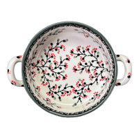 A picture of a Polish Pottery Casserole, Round, Small, 5" x 7.5" in "Cherry Blossoms - Solid Rim" by Manufaktura | Z153S-DPGJA as shown at PolishPotteryOutlet.com/products/small-round-casserole-cherry-blossoms-solid-rim-z153s-dpgja