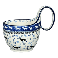 A picture of a Polish Pottery Bowl, Round, Loop Handle, 16 oz in "Wiener Dog Delight" by Ceramika Artystyczna | A845-2151X as shown at PolishPotteryOutlet.com/products/16-oz-loop-handle-bowl-wiener-dog-delight-a845-2151x