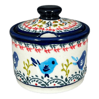 A picture of a Polish Pottery Zaklady 4" Sugar Bowl (Circling Bluebirds) | Y698-ART214 as shown at PolishPotteryOutlet.com/products/4-sugar-bowl-circling-bluebirds-y698-art214