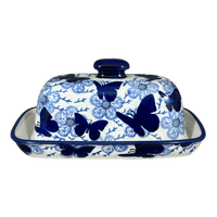 A picture of a Polish Pottery American Butter Dish (Blue Butterfly) | M074U-AS58 as shown at PolishPotteryOutlet.com/products/7-5-x-4-american-butter-dish-blue-butterfly-m074u-as58