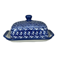 A picture of a Polish Pottery Butter Dish, 7" x 5.5" in "Wavy Blues" by Ceramika Artystyczna | A295-905X as shown at PolishPotteryOutlet.com/products/c-a-butter-dish-wavy-blues-a295-905x